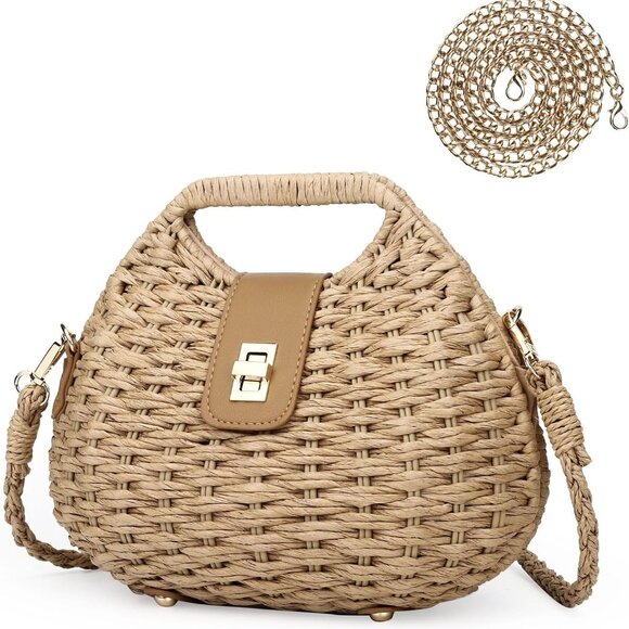 Accessories - Women Brown Straw Crossbody Bag with Chain and Removable Straps, Beach Tote, Han